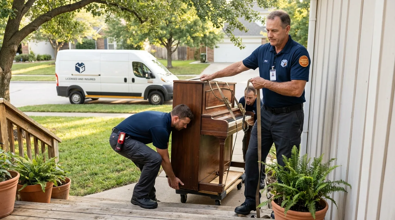 Licensed piano movers securing grand piano in New Albany, MS