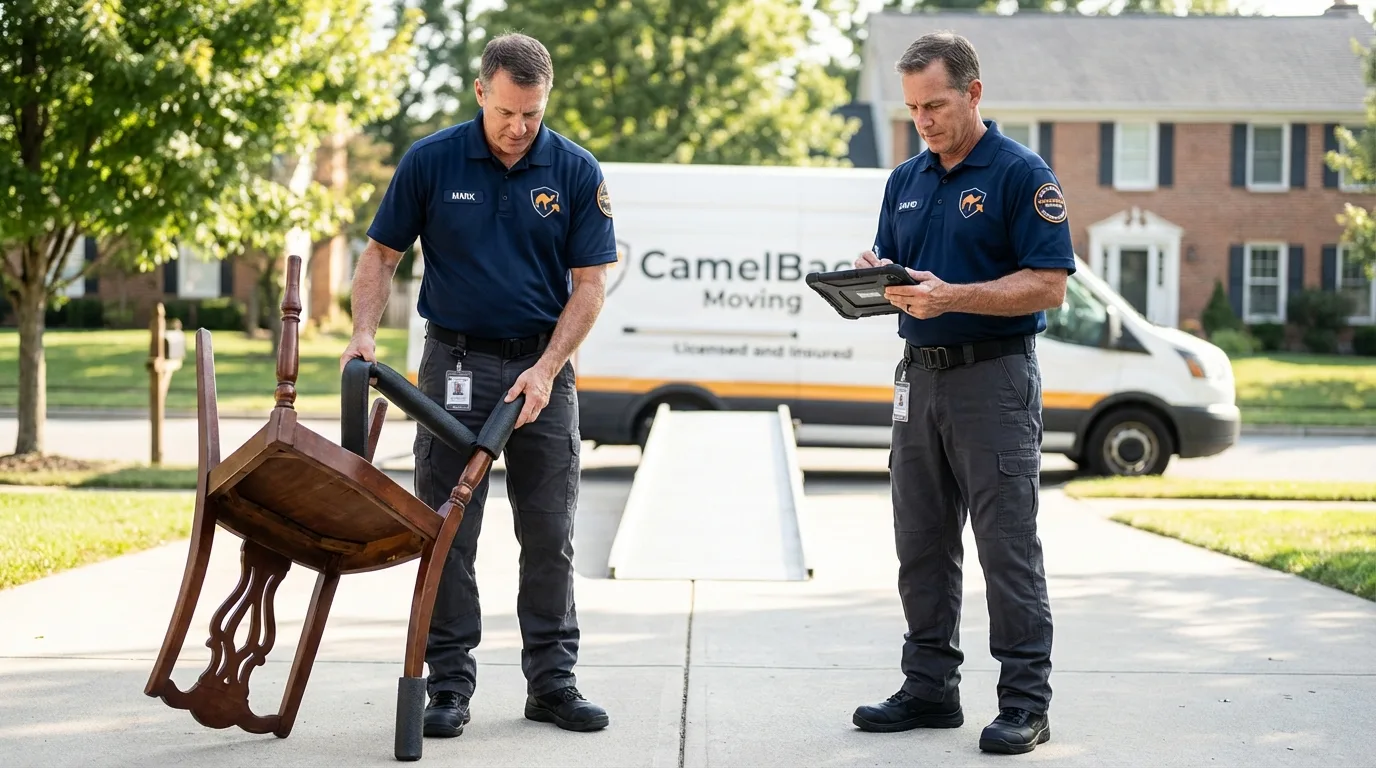 Movers inspecting furniture for damage prevention before loading in New Albany, MS