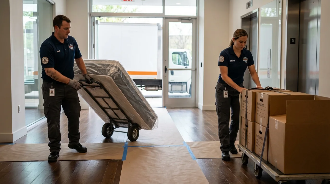 Professional apartment movers loading elevator in New Albany, MS