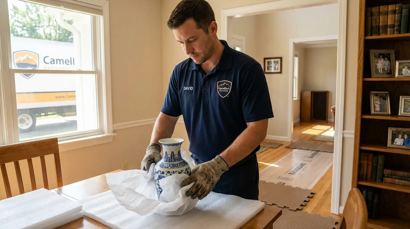 Professional crew carefully wrapping antique vase for senior downsizing move in New Albany, MS